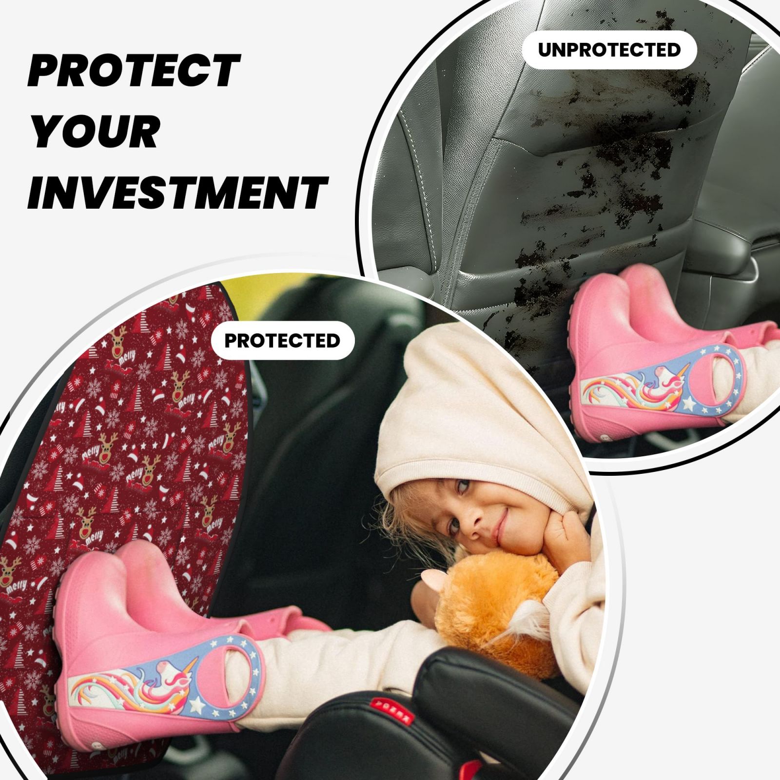 Kdxio Festive Reindeer Print 2 Pack Car Kick Mat Seat Cover Back Protector Mat with Pockets for Organizer Backseat Protector and Storage Anti Kick Pad for Vehicles