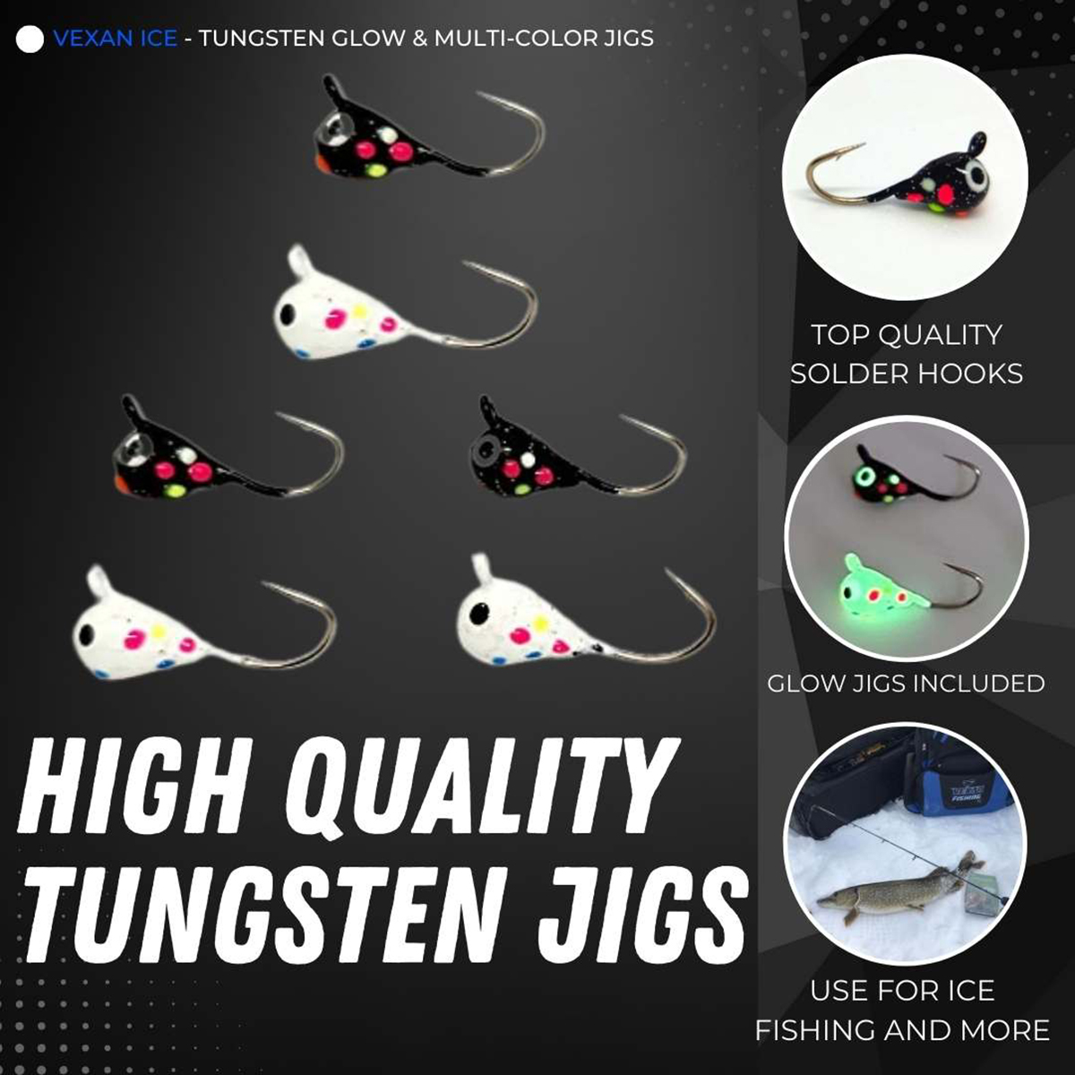 Vexan 6-Pack Tungsten Ice Fishing Jigs Glow Black & White Wonderbread (2g, 6mm, #10 Hook)