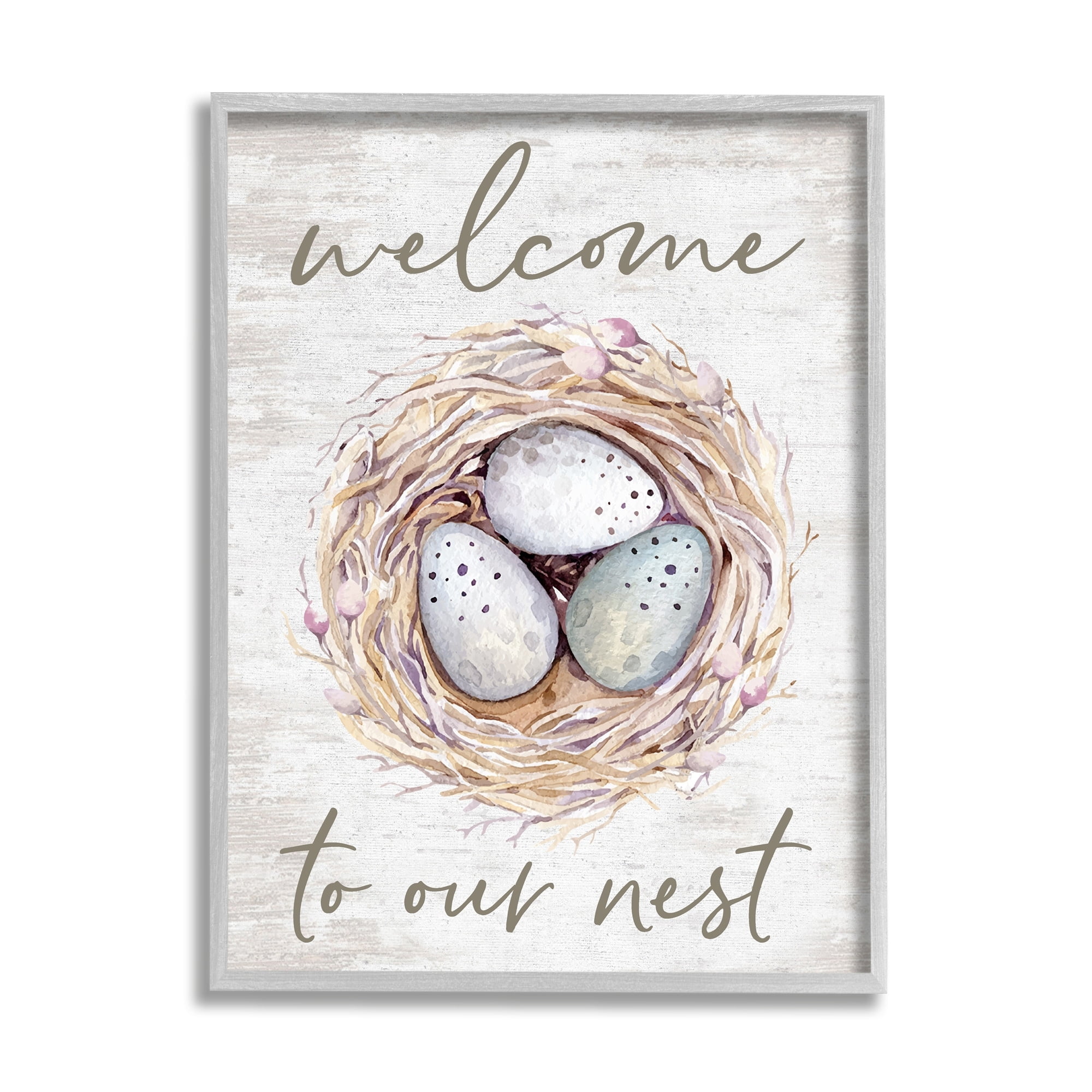Stupell Industries Welcome To Our Nest Rustic Bird Egg Sign Graphic Art Gray Framed Art Print Wall Art, Design by Lettered and Lined