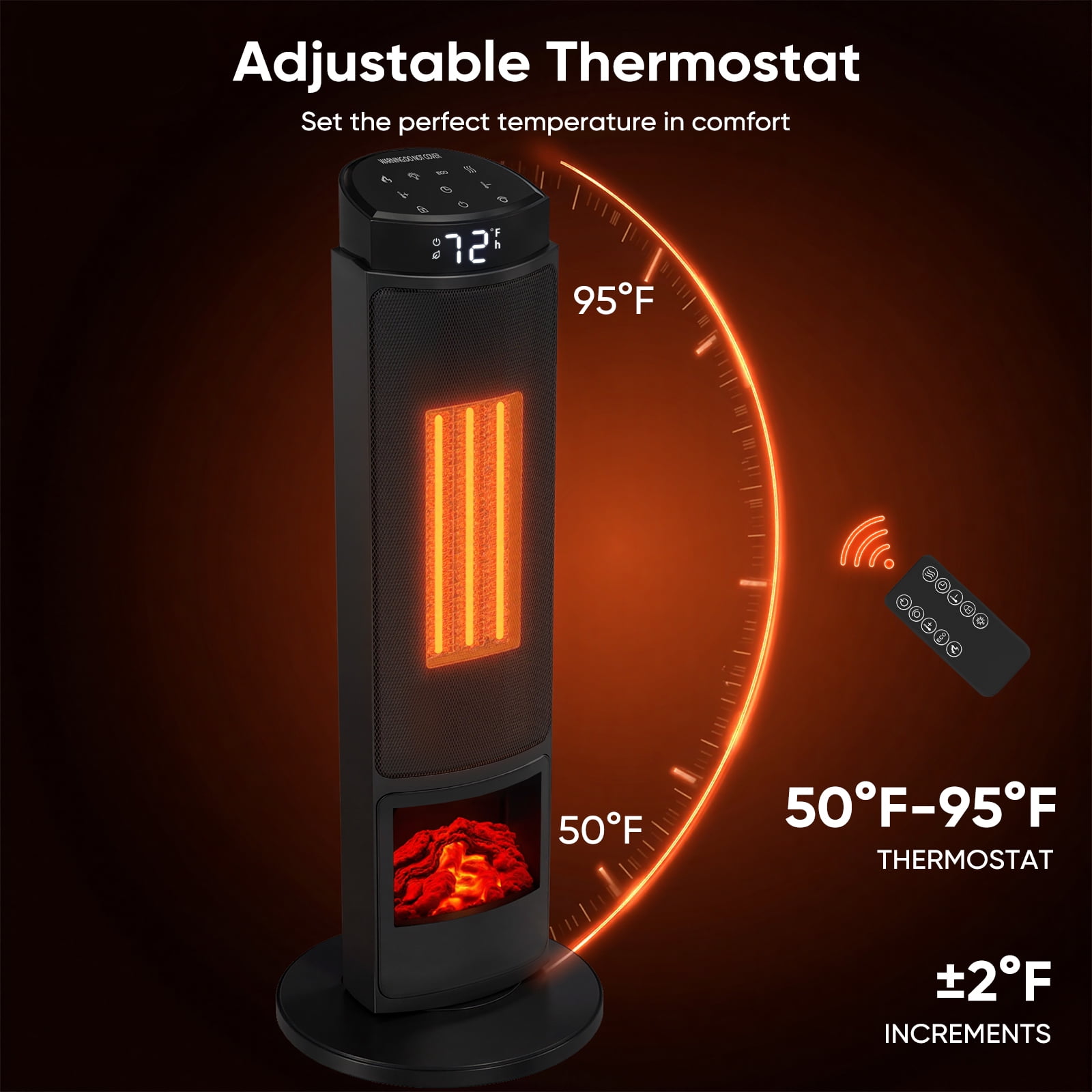 CONCETTA Tower Space Heater with Fireplace Effect – Oscillating Function, Remote Control, 1500W Heating,Black