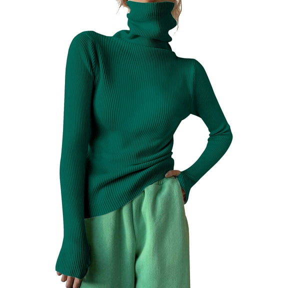 Green Young Adult Tops Women Turtleneck Ribbed Knit Sweater Top Thumb Hole Long Sleeve Mock Neck Solid Slim Fit Casual Knitted Jumper Plus Size Tops for Women
