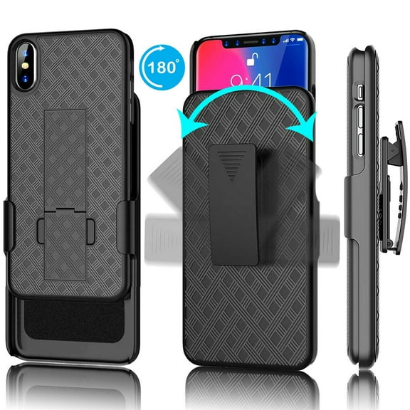 Njjex for Apple iPhone XR, 11, 11 Pro Max, 11 Pro, Xs Max Cases Holster Belt, Njjex Hard Shell [Built-in Kickstand] Holster Locking Belt Swivel Clip Defender Secure Slim Phone Case Cover -Black