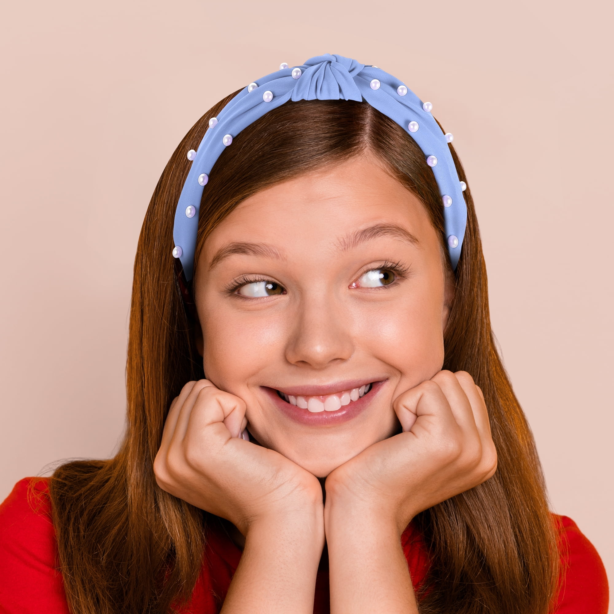 Unique Bargains 1 Pcs Satin Knotted Pearl Headband Hairband for Women 1.1 Inch blue