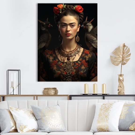 Designart "Self-Reflections of Mexican Frida" Fashion Canvas Wall Art - Glam Black Woman Entryway Wall Art Print
