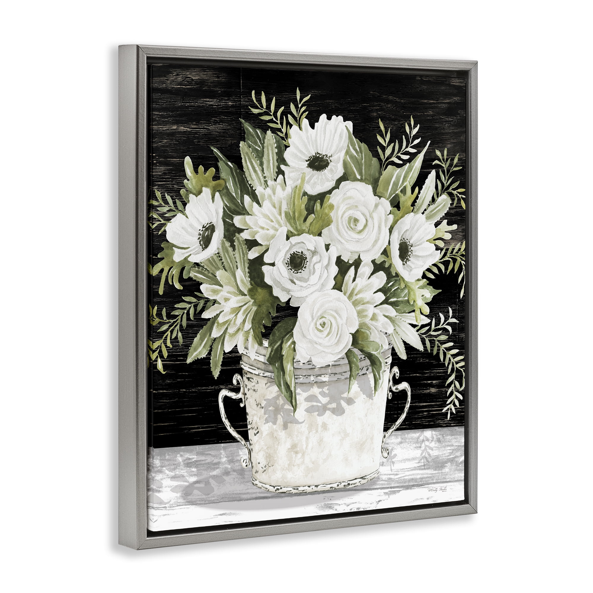 Stupell Industries White Flowers Country Tin Plants & Flowers Painting Gray Floater Framed Canvas Art Print Wall Art, 17 x 21