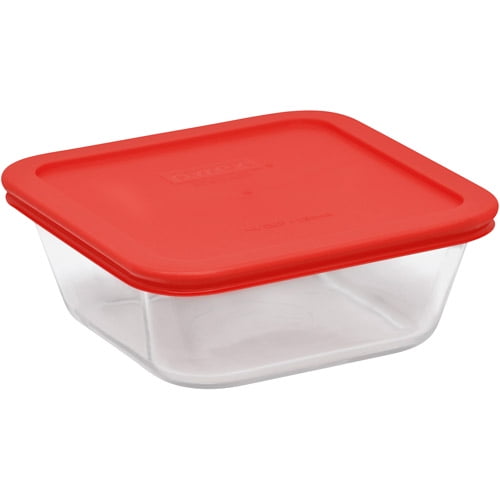 Pyrex Storage Plus 4 Cup Square Glass Food Storage with Red Plastic Cover