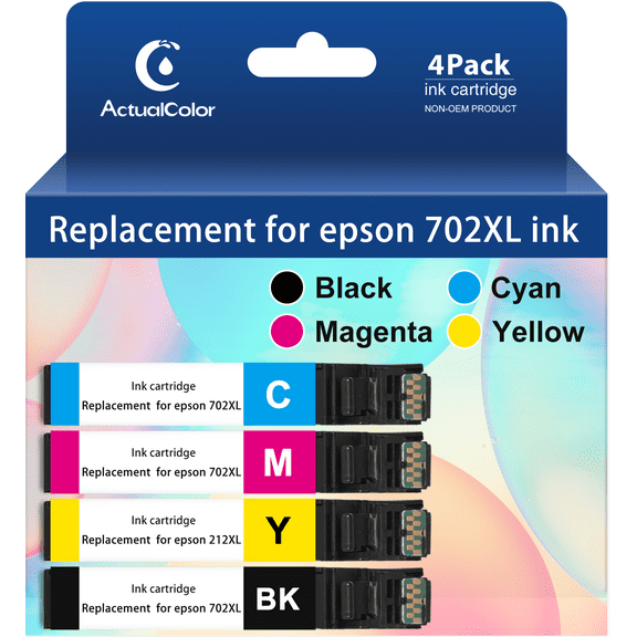 ACTUALCOLOR C Ink Cartridges Replacement for Epson 702 Ink Cartridge for Epson Ink 212XL, 4-Pack