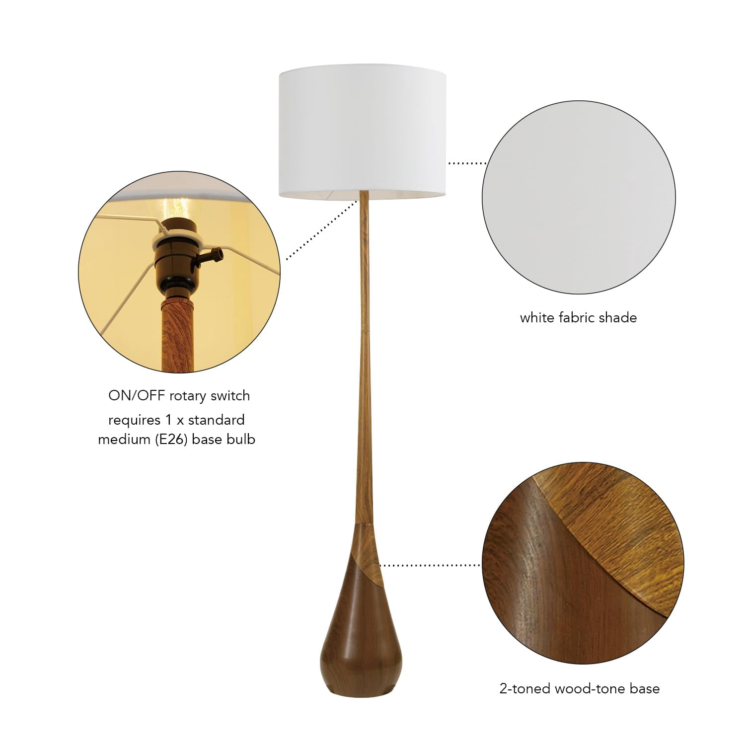 Novogratz X Harrington 65" Floor Lamp  2-tone Faux Wood Base White Fabric Shade Socket Rotary 67225