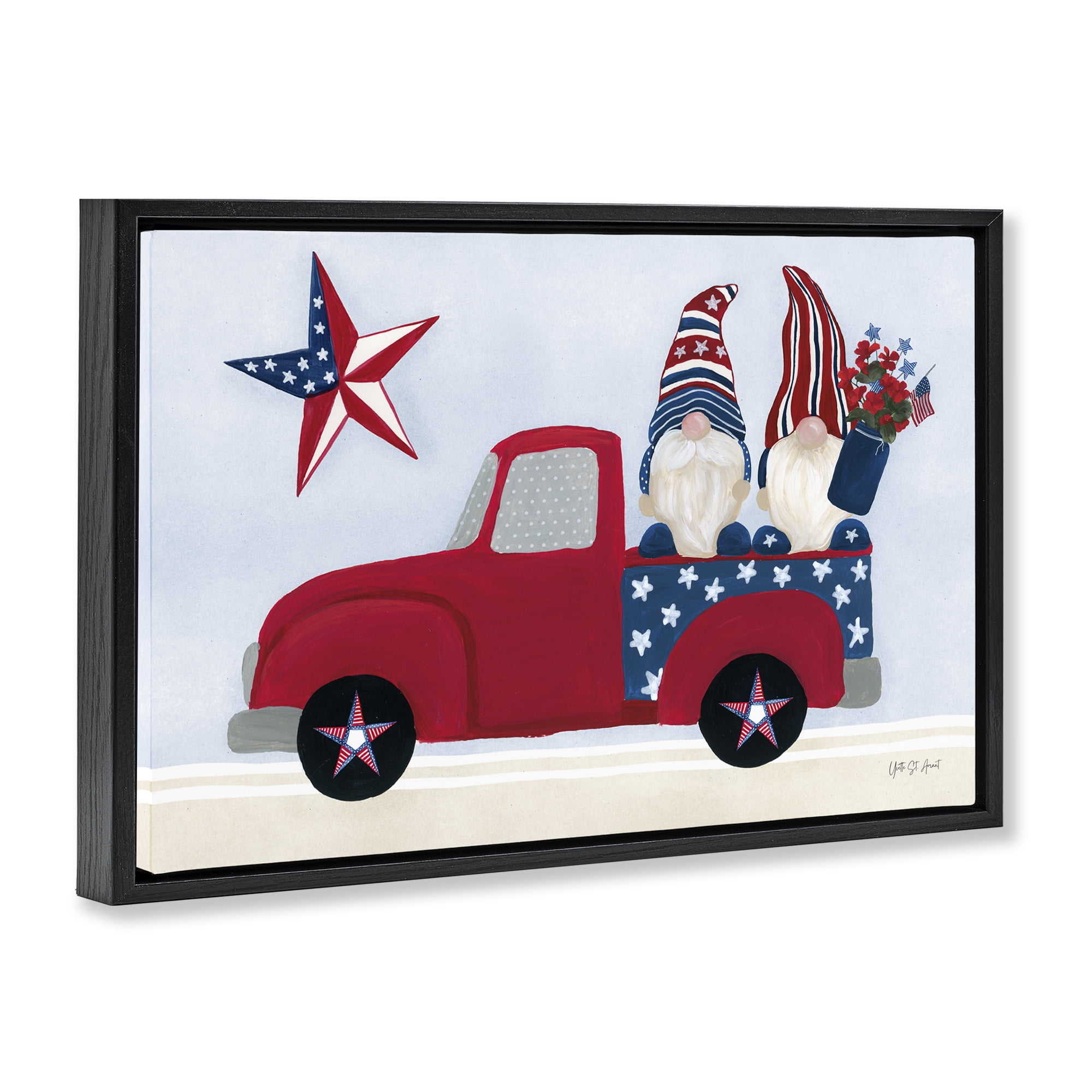 Stupell Industries Patriotic Gnomes in Truck Patriotic Painting Black Floater Framed Canvas Art Print Wall Art, 31 x 21