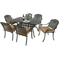 MEETWARM 7-Piece Outdoor Furniture Dining Set, All Weather Cast Aluminum Patio Garden Set with 6 Chairs, 6 Cushions, 1 Rectangular Table, 2" Umbrella Hole, Dark Bronze