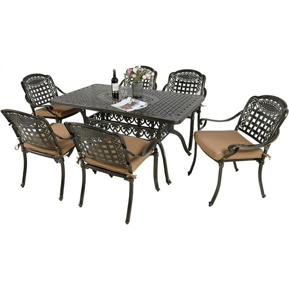 MEETWARM 7-Piece Outdoor Furniture Dining Set, All Weather Cast Aluminum Patio Garden Set with 6 Chairs, 6 Cushions, 1 Rectangular Table, 2" Umbrella Hole, Dark Bronze