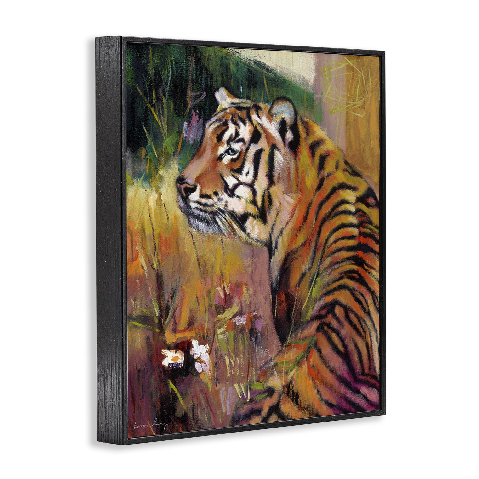 Stupell Industries Patience Tiger in Wait Black Framed Giclee Art, design by Karen Chang
