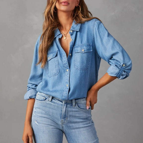 Xunmmm Women's Denim Shirt Button Down Shirt Solid Color Casual Lapel Long Sleeve Shirt with Pockets Daily Wear