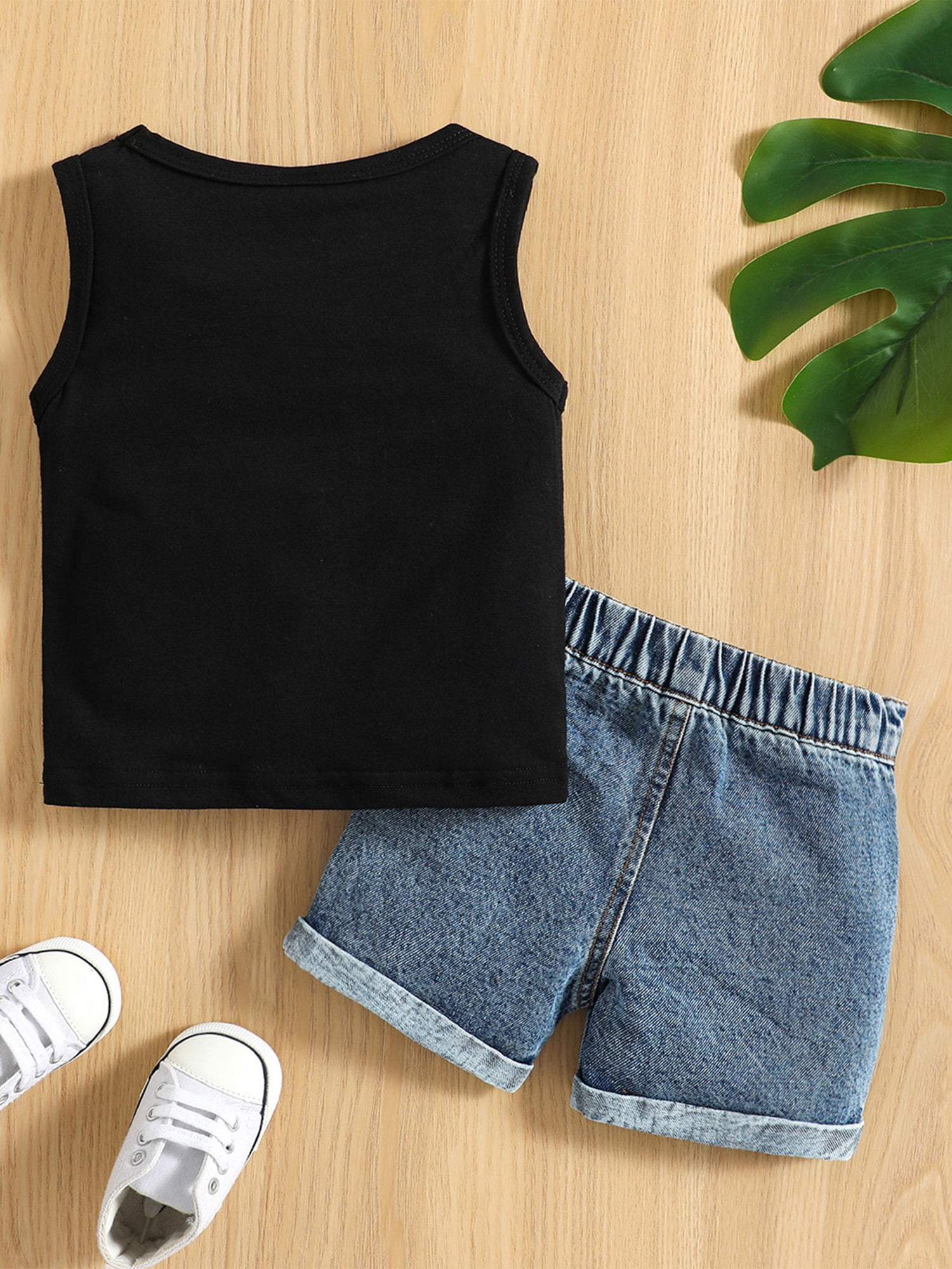 Baby Toddler Boys Summer Outfit Set Round Neck Sleeveless Letter Print Tank Tops with Ripped Denim Shorts for baby girls at 3 months to 3 years old