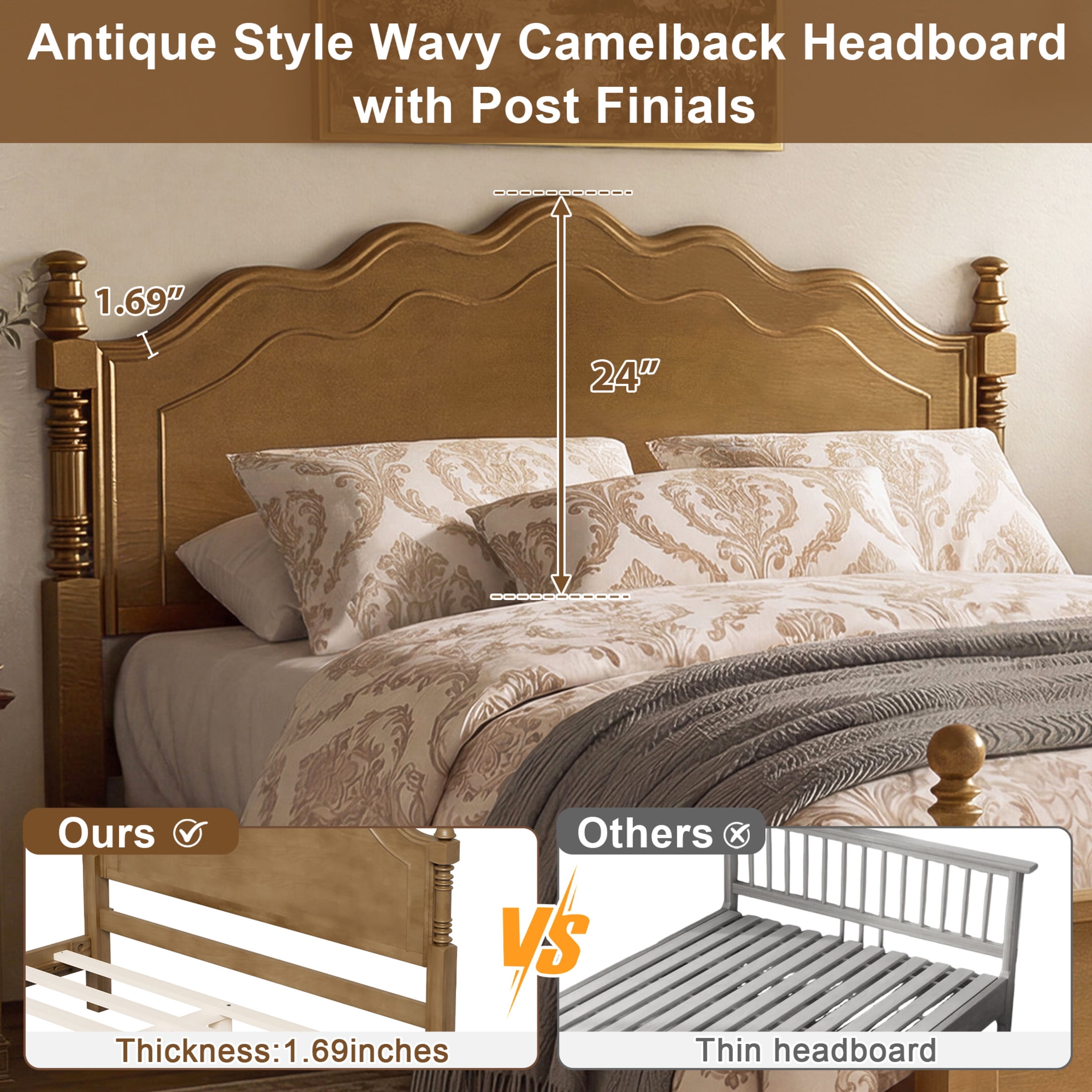Noble House Queen Size Wood Platform Bed with Curved Headboard, Spindle Posts, Dark Oak