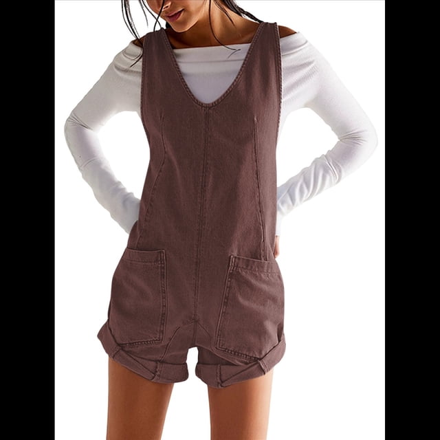 Mono Corto Informal de Verano para Mujer, con Cuello en V, Sin Mangas, Corte Holgado. Marrón XL