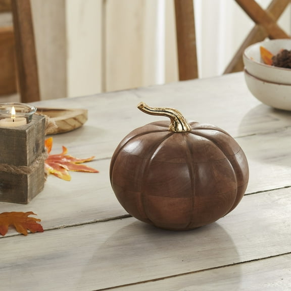 VHC Brands Heirloom Wooden Pumpkin Chestnut, Fall and Halloween Home Decor for Tables and Shelves, Indoor Decorations for Tabletop Muted Orange, Gold, 6.5x7