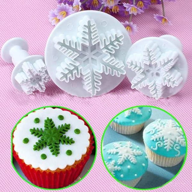3Pcs Snowflake Cake Decorating Fondant Plunger Cutters Mold Tools for Cookies, Muffins, and Craft Clays