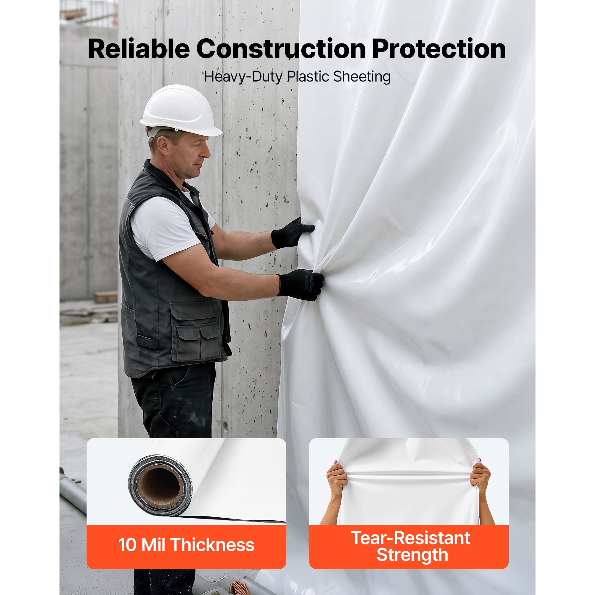KFFKFF 10 Mil Plastic Sheeting 6' x 50' Durable Polyethylene Roll, Multi-Purpose Plastic Tarp for Crawl Space Barrier, Weed Prevention, Gardening, and Protective Cover, Black & White