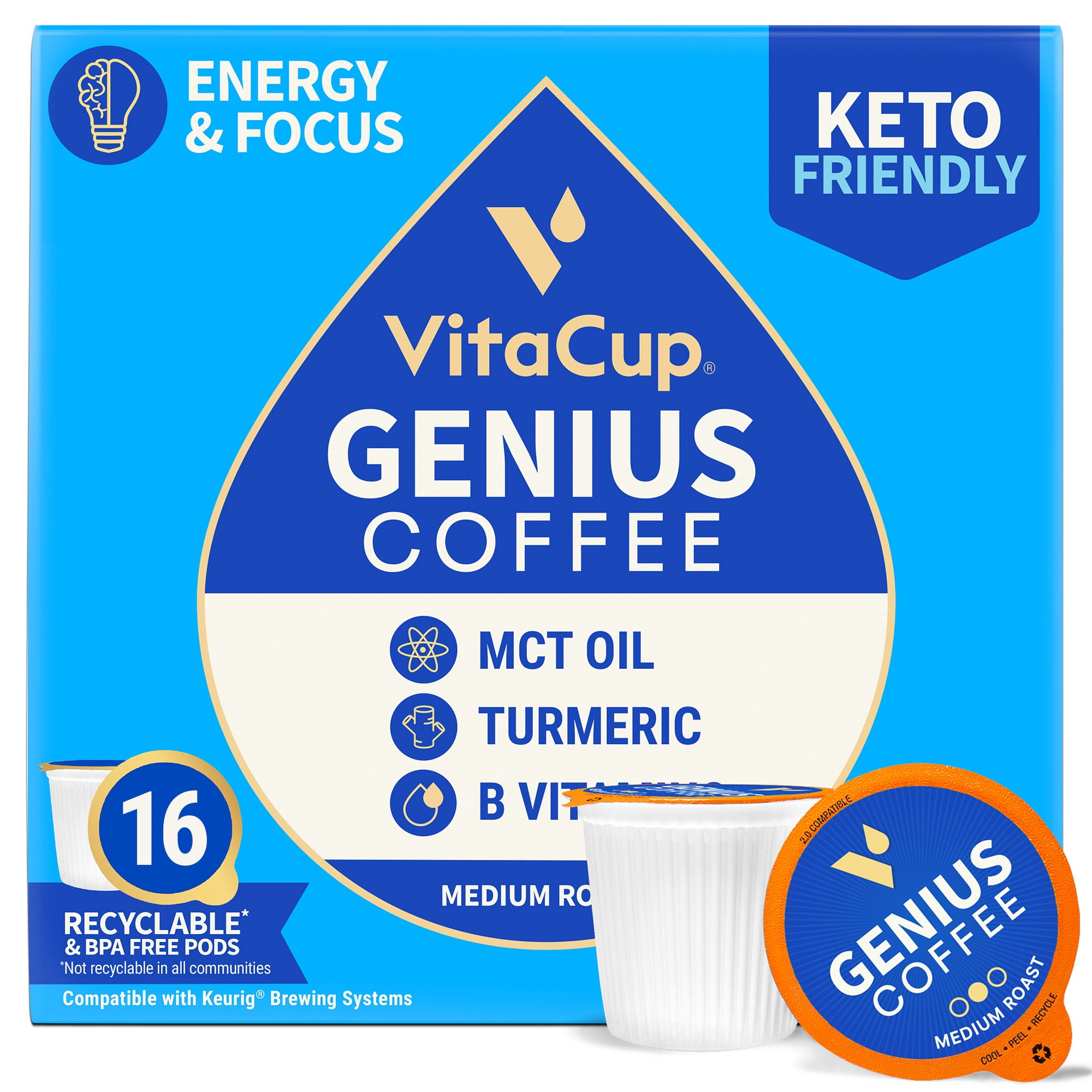 VitaCup Genius Coffee Pods 16 CT Keto Energy & Focus with MCT, Turmeric