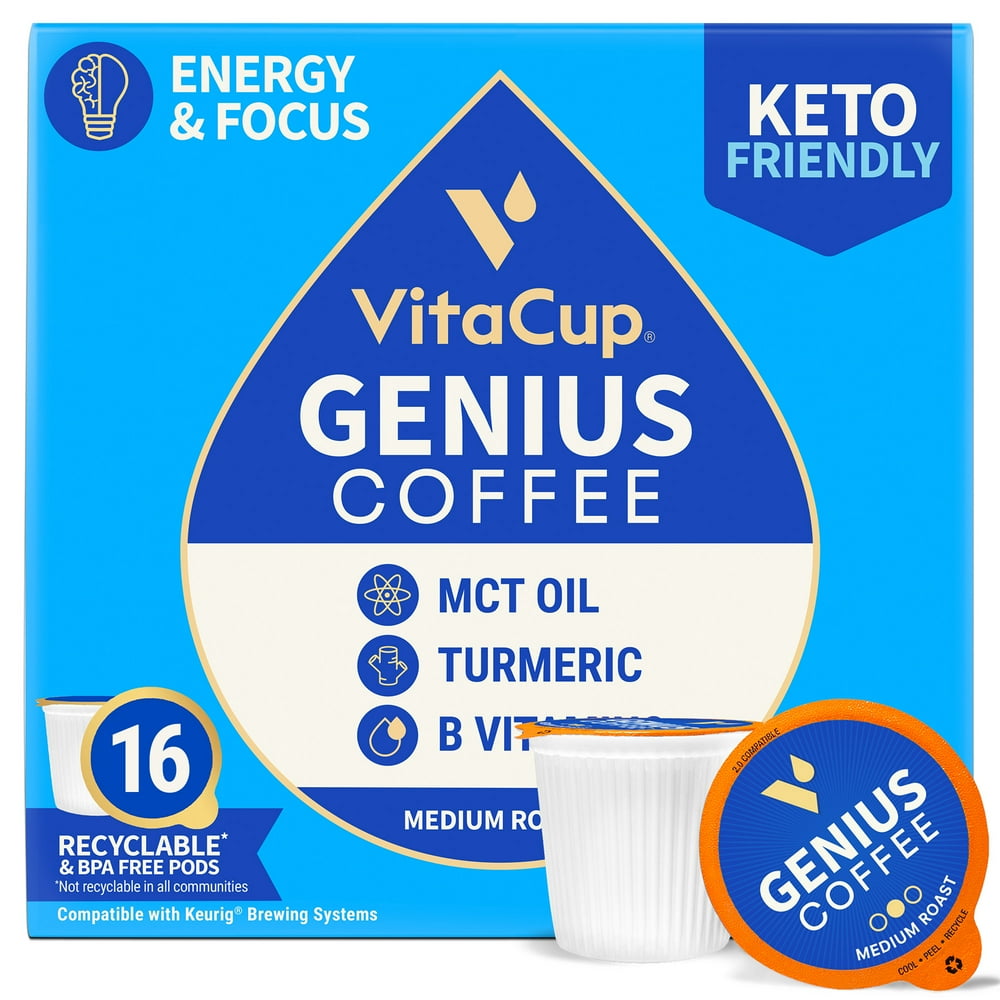 VitaCup Genius Coffee Pods 16 CT Keto Energy & Focus with MCT, Turmeric