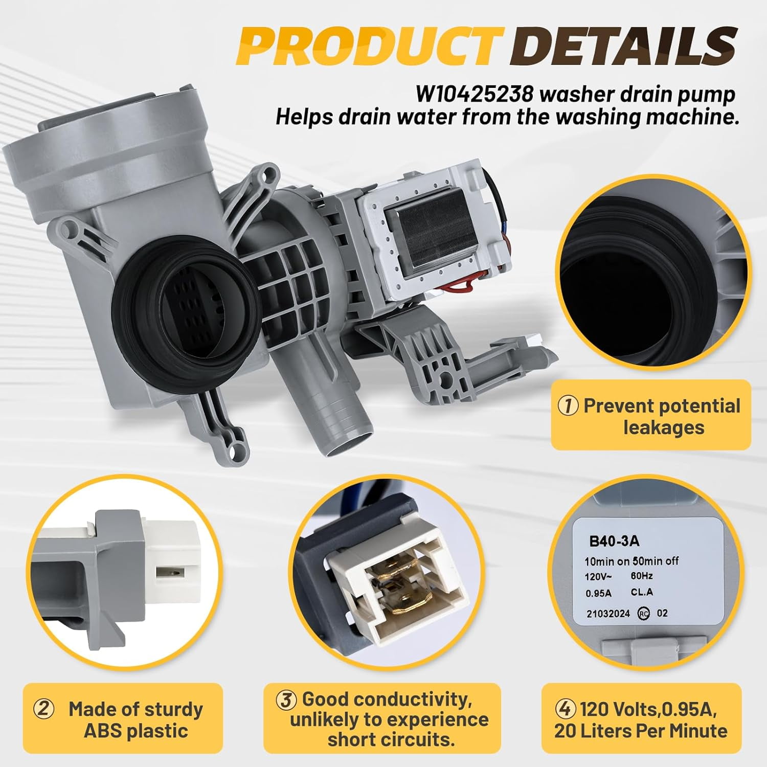 WPW10605427 W10425238 Washer Drain Pump (OEM) Intended Compatible With Whirlpool Drain Pump WFW75HEFW0 Compatible with Maytag Washer Drain Pumps, WPW10605427 Replace W10605427 WPW10425238 W10799064