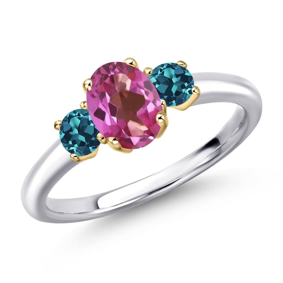Gem Stone King 10K Two Tone Gold Pink Mystic Topaz and London Blue Topaz Engagement Ring for Women | 1.24 Cttw | Oval 7X5MM | Gemstone November Birthstone | Size 7