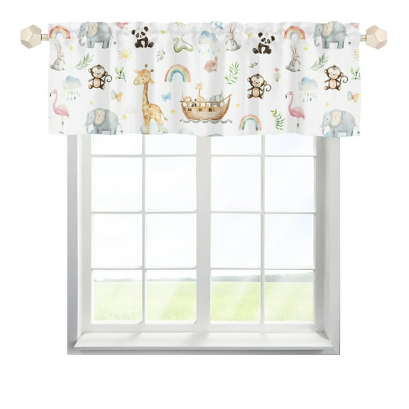 Baby Noahs Ark Animals Rainbow Sun Curtain Valance 54''x 18'' Panda Lion Giraffe Elephant Monkey Rod Pocket Short Curtain Panel for Kids Toddler Baby Nursery Bedroom Kitchen Living Room Bathroom