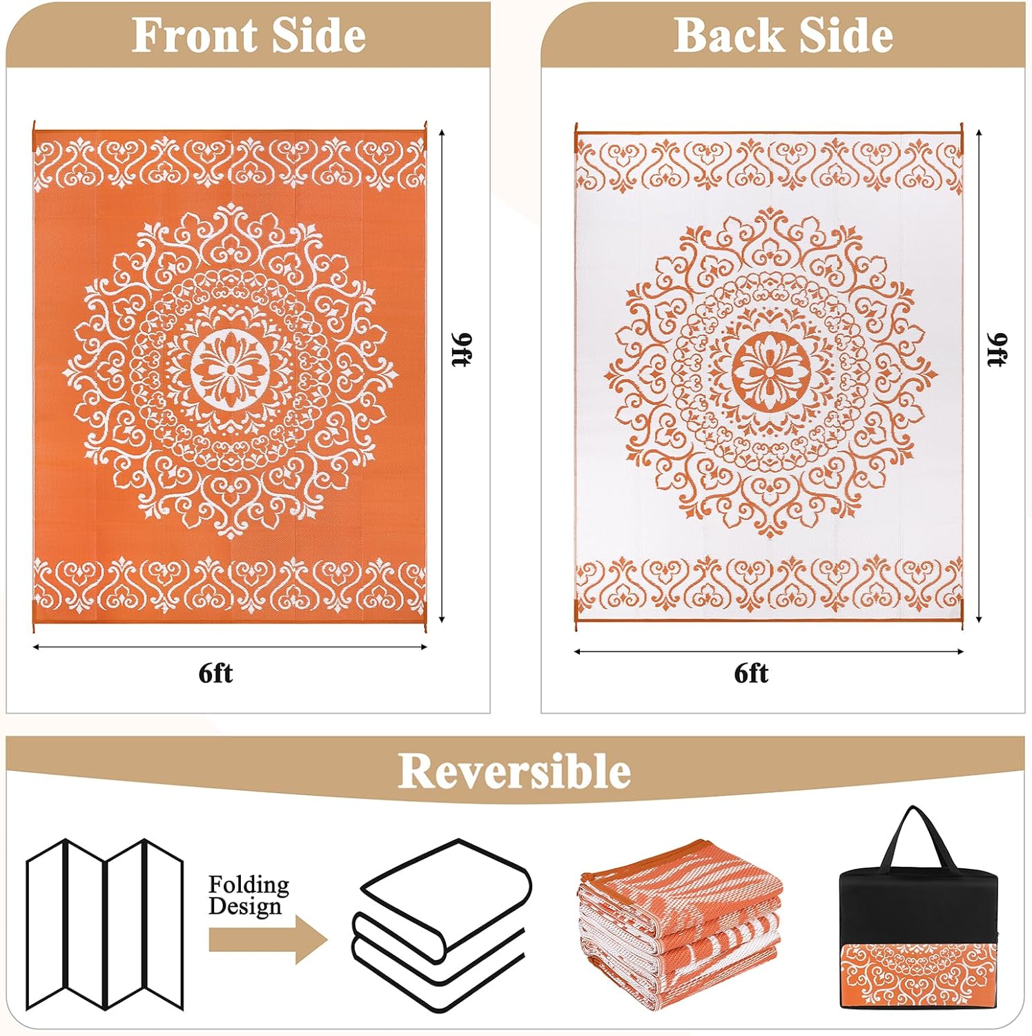 MJIAexp 6'x9' Orange Outdoor Rug Patio Rug Waterproof RV Outdoor Rug Camping Rugs Reversible Plastic Straw Rug Large Outdoor Mat for Camping, Balcony Apartment, Patio, Porch, Picnic, Beach