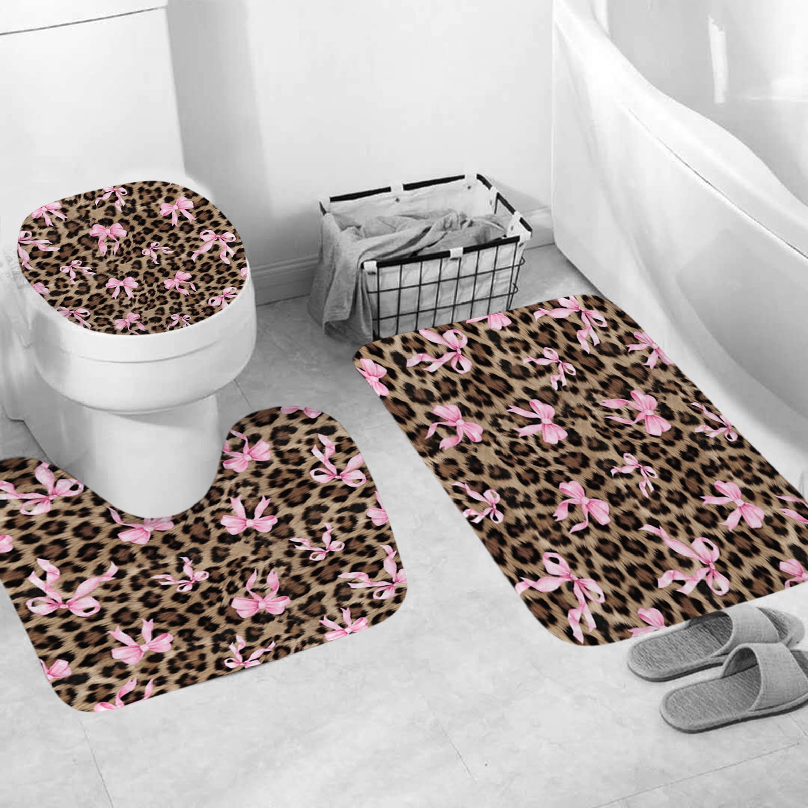 Hadint 4Pcs Brown Pink Leopard Print Bow Pattern Shower Curtain Set, Shower Curtain and Rug Set, 12 Pcs Hooks, 71inx71in