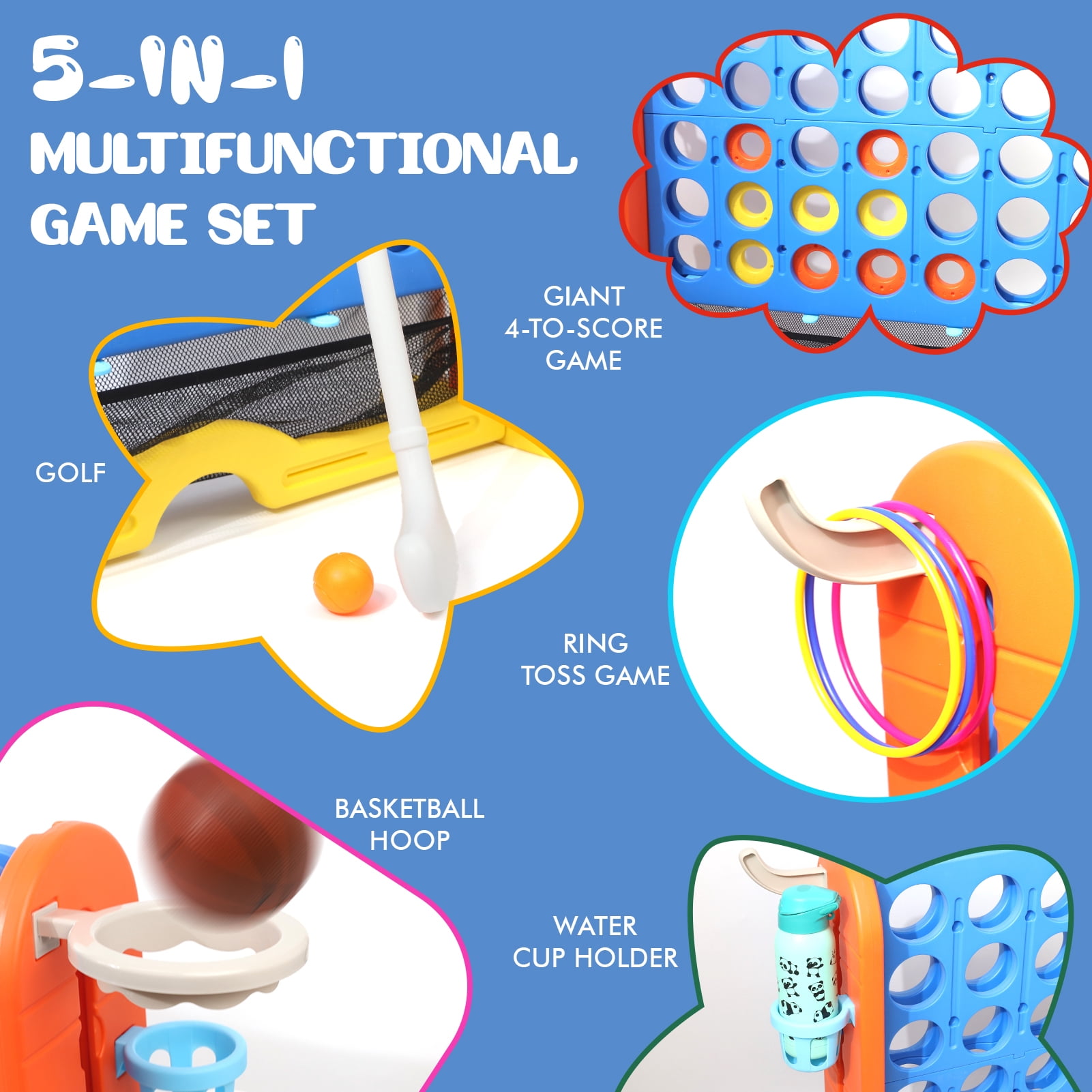 Wdmiya Jumbo 4-to-Score Giant Game Set, 4-in-a-Row Connect Game for Adults Kids Family Fun, Indoor Outdoor Adjustable Height Yard Family Game with w/ Golf Set, Basketball Hoop, Blue Red