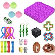 TekDeals 26 PCs Sensory Fidget Toy Set Relieves Stress Anxiety for Children Adult ADHD, Push Pop fidget square, Infinity cube, Stretchy strings, Mesh & Marble, Flippy chain, Wacky tracks
