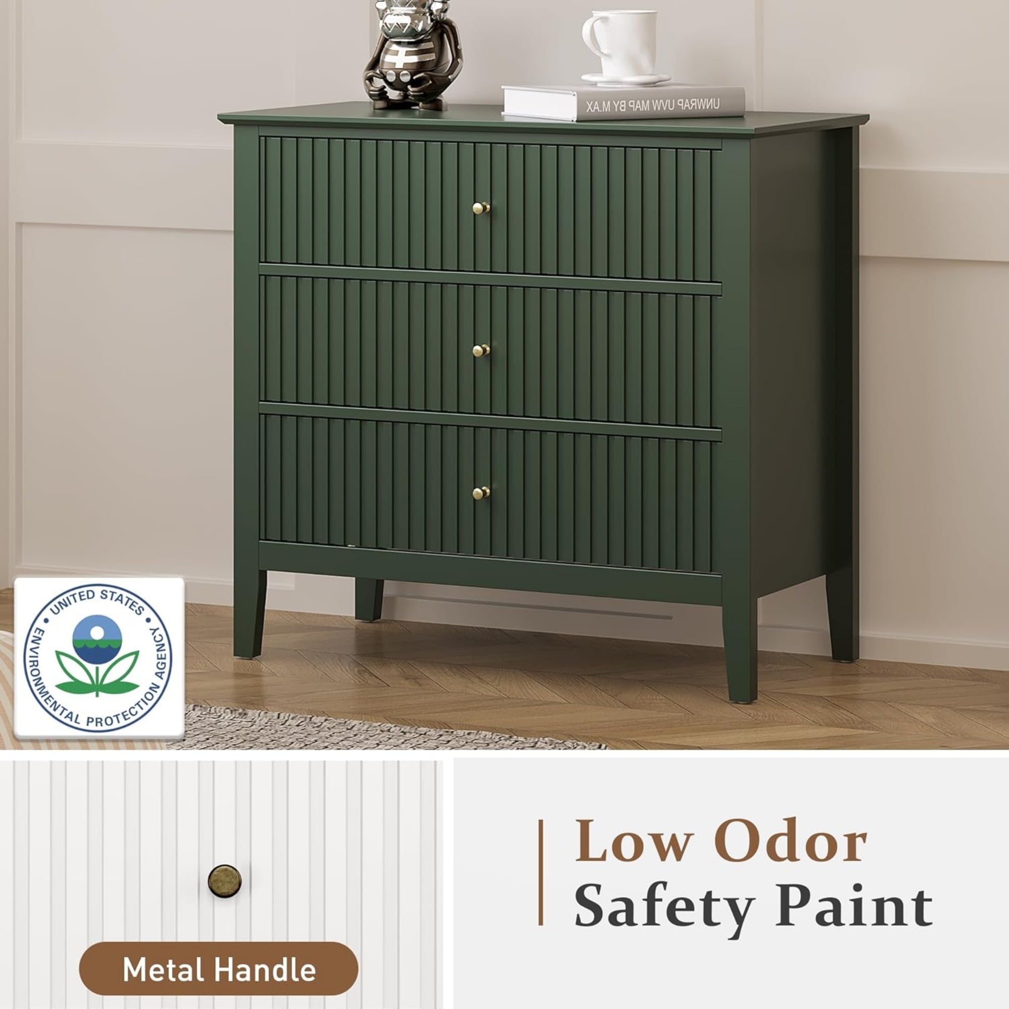 Cozy Home Green 3 Drawer Dresser, Painted 30" Nightstand with Storage, for Bedroom Hallway Living Room