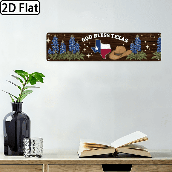 Wllo0ord 2D Flat, 1pc Vintage _God Bless Texas_ Metal Wall Sign - 16x4 Inch Rustic Texas Pride Decor with Bluebonnet Cowboy Hat Design, Handcrafted  Hanging Plaque for Home, Porch, Office
