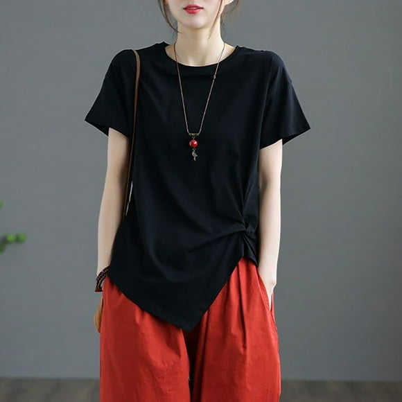 Alitao Tshirts Shirts Oversized Tshirts Women's Sense Of Design T Shirts Short Sleeve Solid Tops Casual Summer Tees Asymmetrical Tops Summer Tops Black 3XL