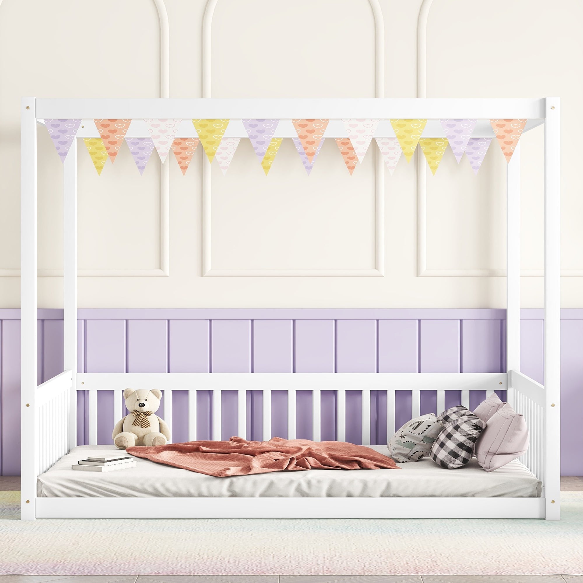 Miniyam Full Size Canopy FloorBed with Guardrails for Kids and Teens, White