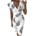 thumbnail image 2 of Mikilon Femmes Sexy V-Cou Fleurs Impression Minceur Volants Ourlet Froncé Robe Sans Manches, 2 of 6
