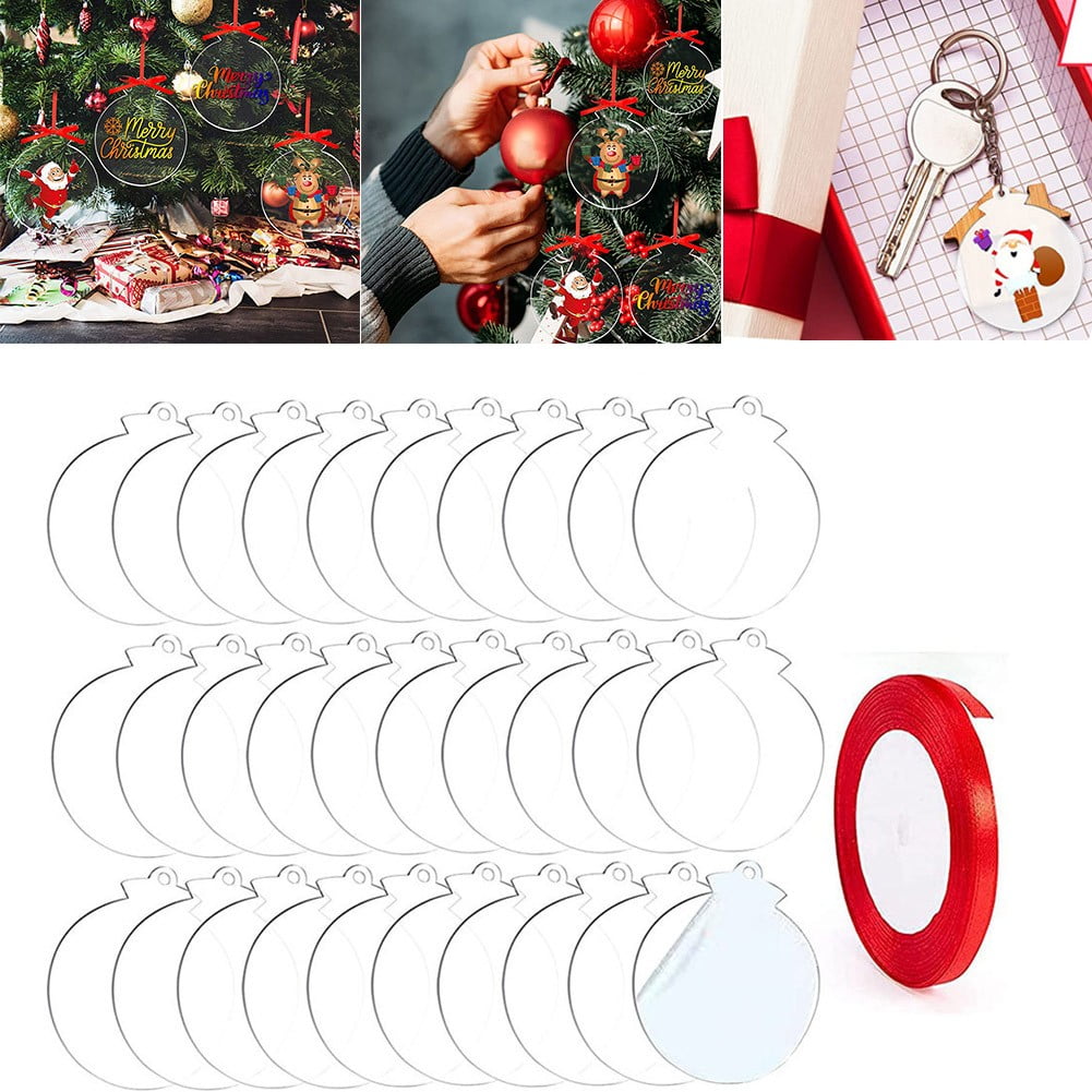 Home Decor 30Pcs Clear Acrylic Round Diy Craft Christmas Tree Decor Pendant Set with Ribbon