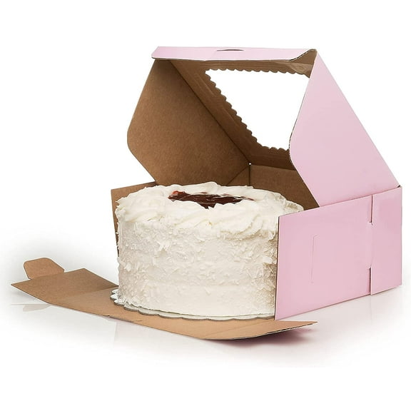 8" X 8" X 4" Corrugated Fiberboard Glossy Pink Cake Box with Scalloped Window & 8" Cake Boards (Pack of 10 – Front Loading)