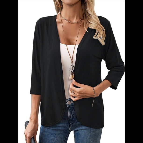 Cárdigan para Mujer, Cuartos, Color Liso, Informal, Chaqueta Corta, 2025 Negro L