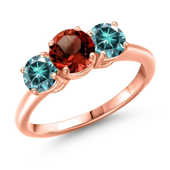 Gem Stone King 18K Rose Gold Plated Silver Red Garnet and Blue Moissanite Engagement Ring for Women | 2.00 Cttw | Round 6MM | Gemstone January Birthstone | Size 7