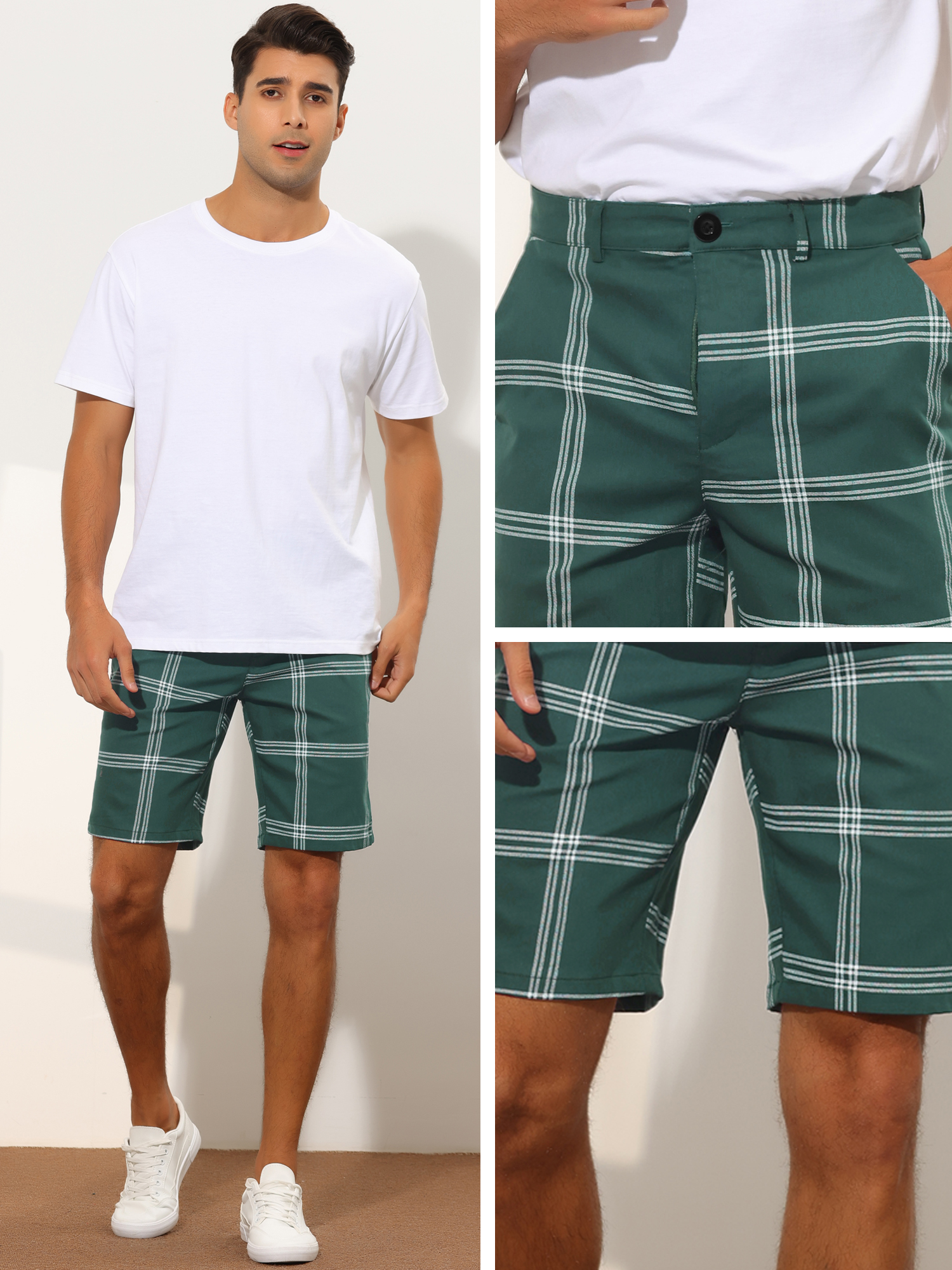 Unique Bargains Men's Plaid Short Regular Fit Flat Front Formal Summer Chino Shorts 28 Green