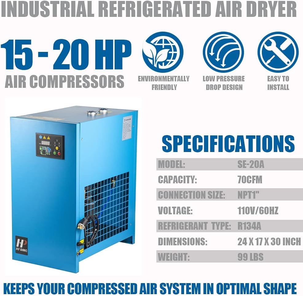 HPDMC 70 CFM Industrial Refrigerated Air Dryer, 110V 1-Phase Compressed Air System for 15-20HP Air Compressors, R134a Refrigerant