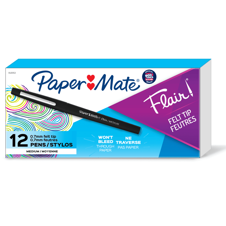 Paper Mate Flair Felt Tip Pen, Black Ink, Medium Point, 8430152, Box of 12