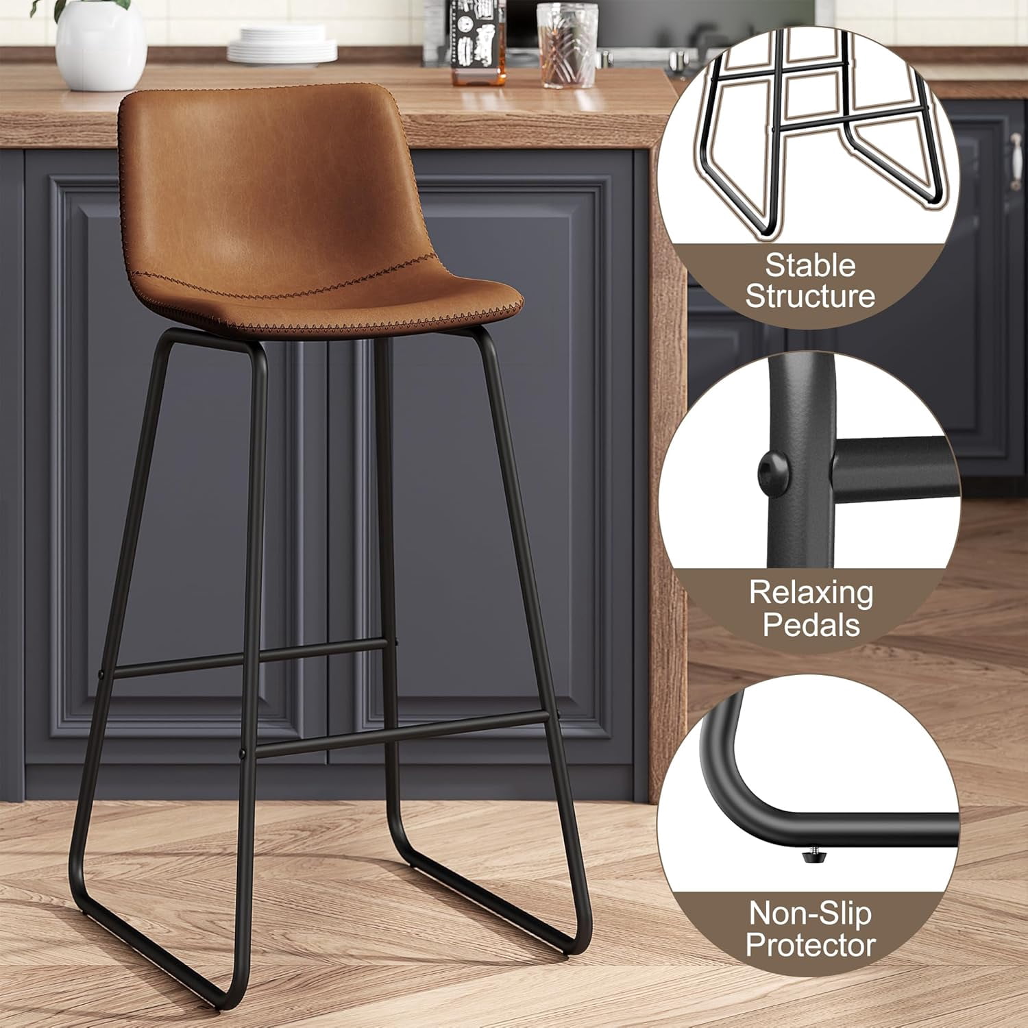 GIKPAL Bar Stools 30" Faux Leather Counter Height Barstools with Back Set of 4, Modern Counter Stools with Metal Legs and Footrest, Armless Chairs with Back for Kitchen Living Room Pub, Dark Brown