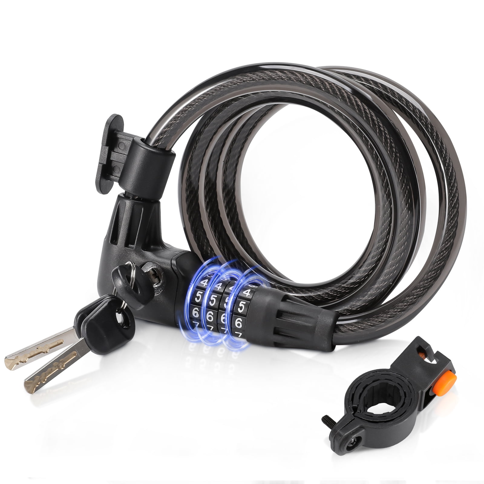 Bike Lock Cable with Combination & Key, Bicycle Lock Anti-Theft, 4 Digit Resettable Combination Coiling Bike Cable Lock with Mounting Bracket and light for Bikes and Scooters (12mm)