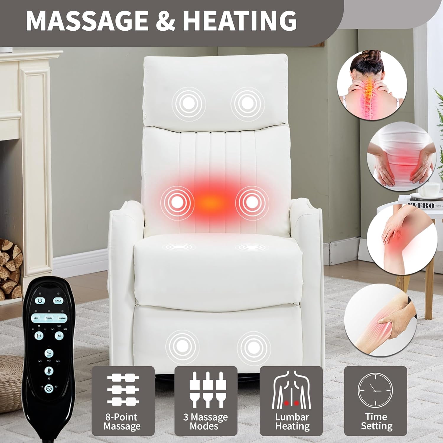 High Back Manual Recliner Chair with Heat & Massage, Swivel Rocker for Living Room Bedroom, White