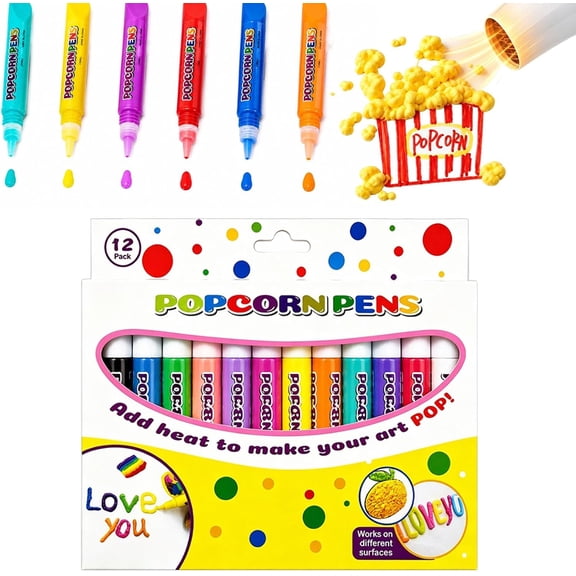 Popcorn Pen, 3D Magic Popcorn Pens, DIY Puffy Painting Pens for Cards, Crafts, Graffiti Stationery (1Box-12pcs)