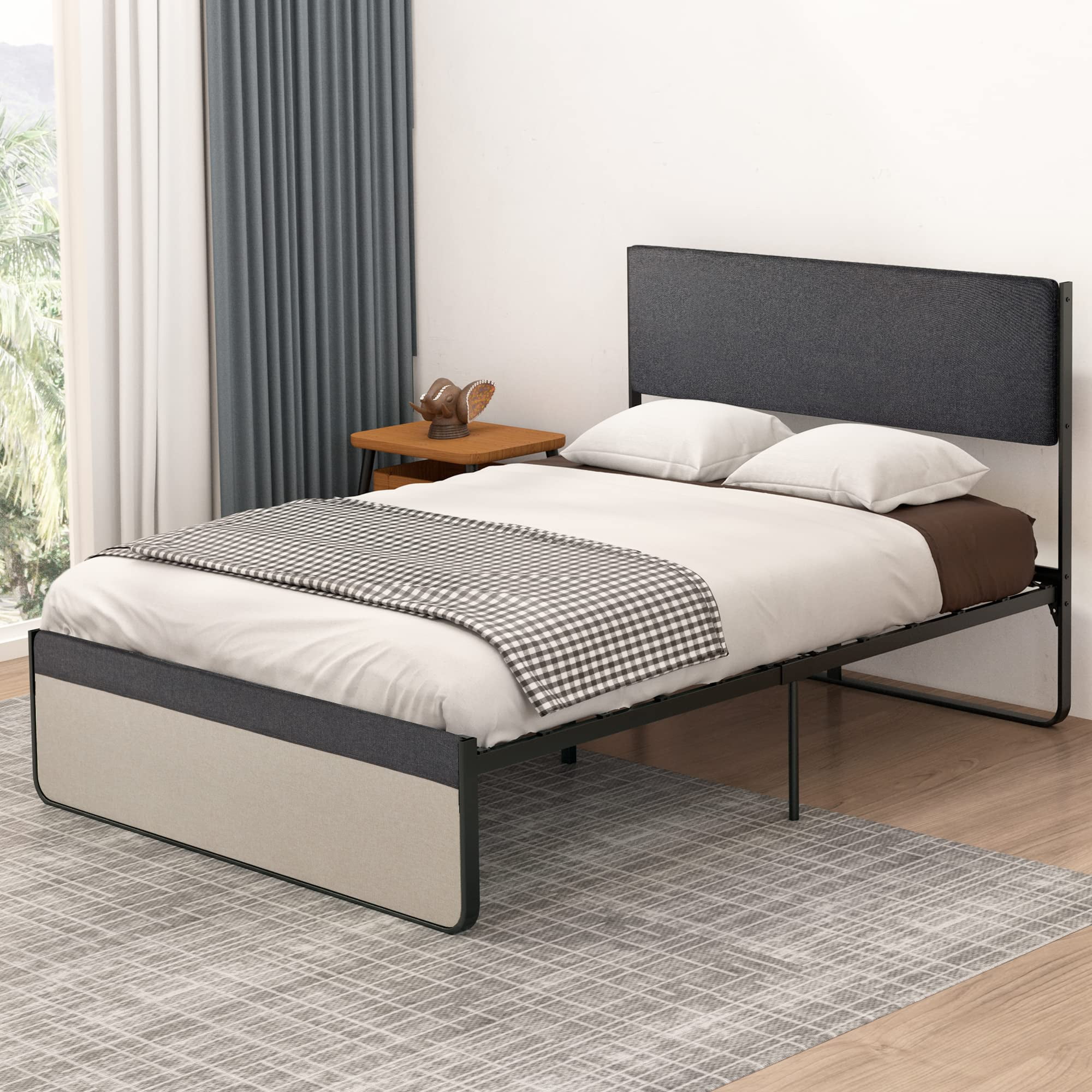 Full/Queen Size Bed Frame with 2 Storage Drawers, Platform Upholstered Bed Frame with Headboard, Mattress Foundation with Steel Slat Support, No Box Spring Needed