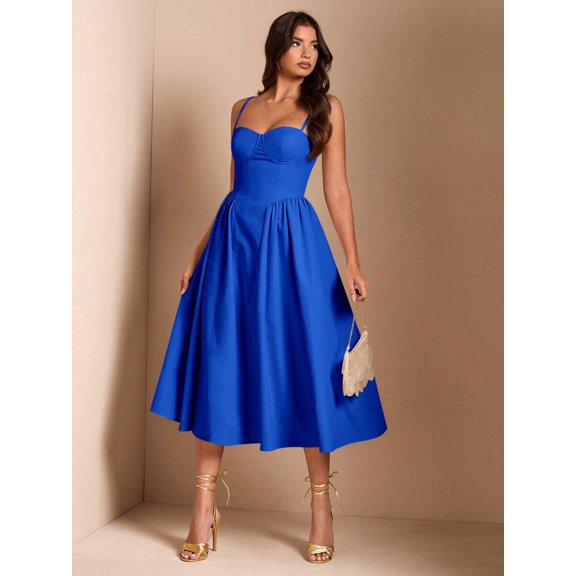 Royal Blue Spaghetti Strap Fit & Flare Midi Dress For Elegant Party, Night Out, Or Sophisticated Daywear